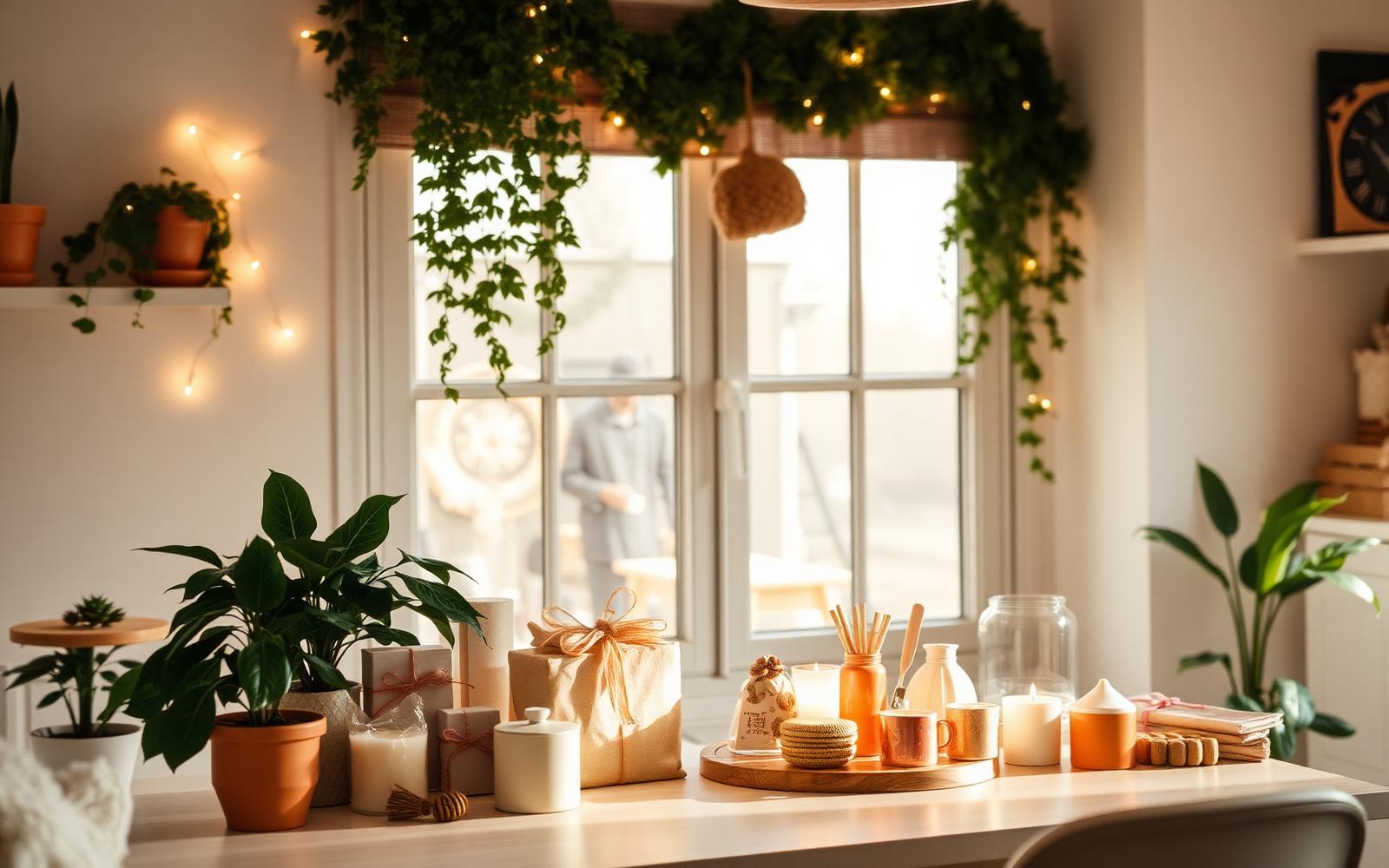 Sfeervol ingericht interieur met planten, cadeaus en verlichting